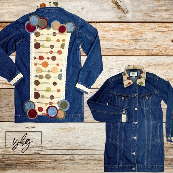 Denim Jacket Tan Green Brown Circle Patchwork Autumn Crochet Trim Barn Small - Picture 1 of 15